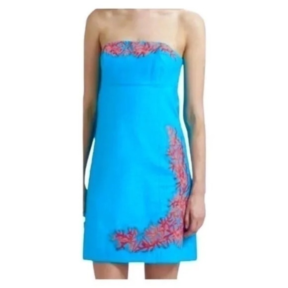Lilly Pulitzer Bowen Strapless Azure Blue Coral Embroidered Cotton Dress…